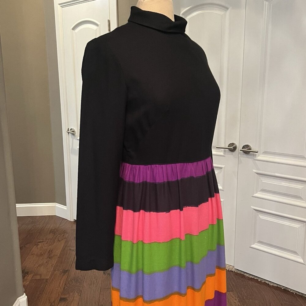 VTG Park East By Swirl Womens Size 14 Maxi Dress Black Top Rainbow Stripe Skirt - Picture 8 of 13
